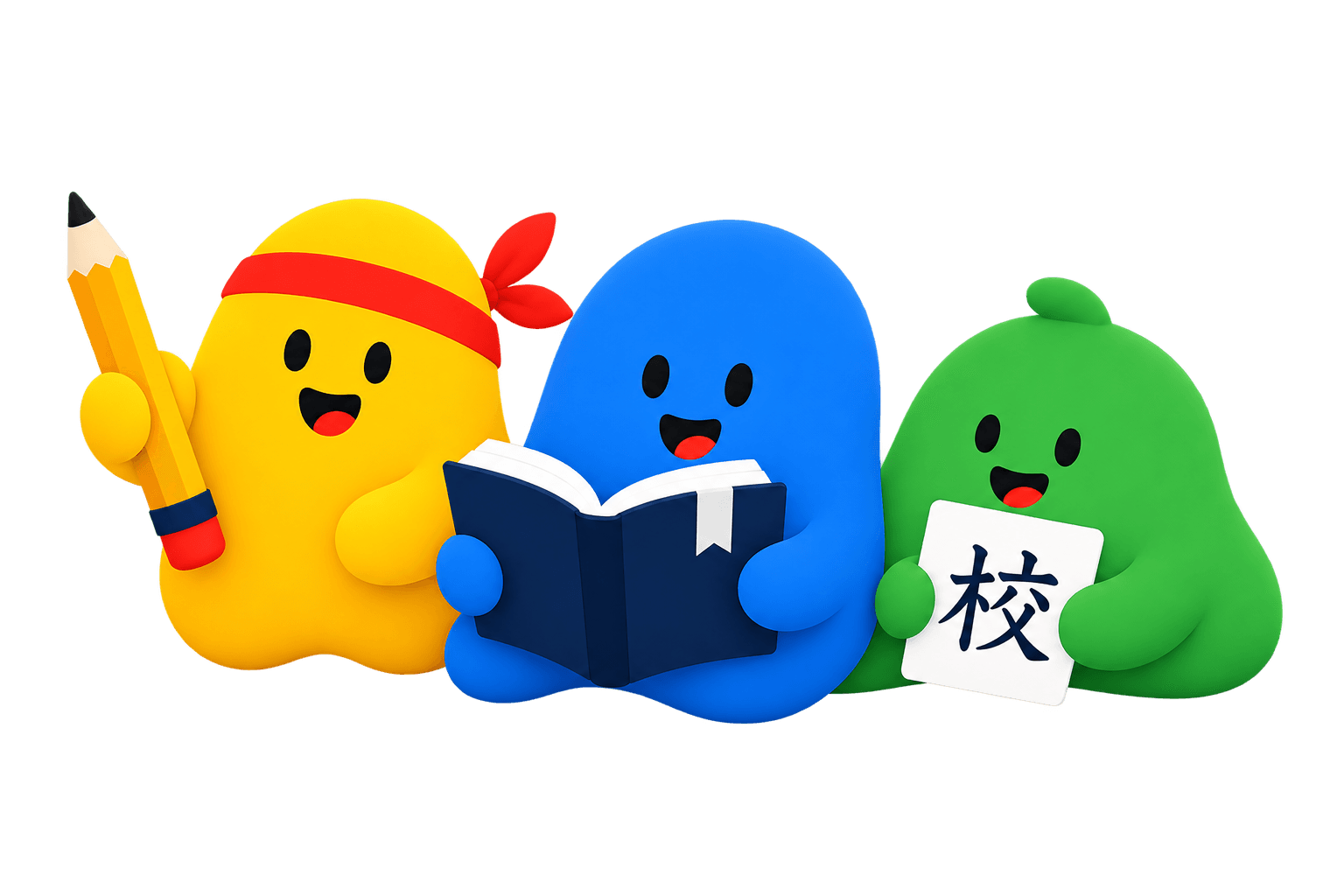 Ba bạn học HọcKanji cùng bút, sách và thẻ chữ 校